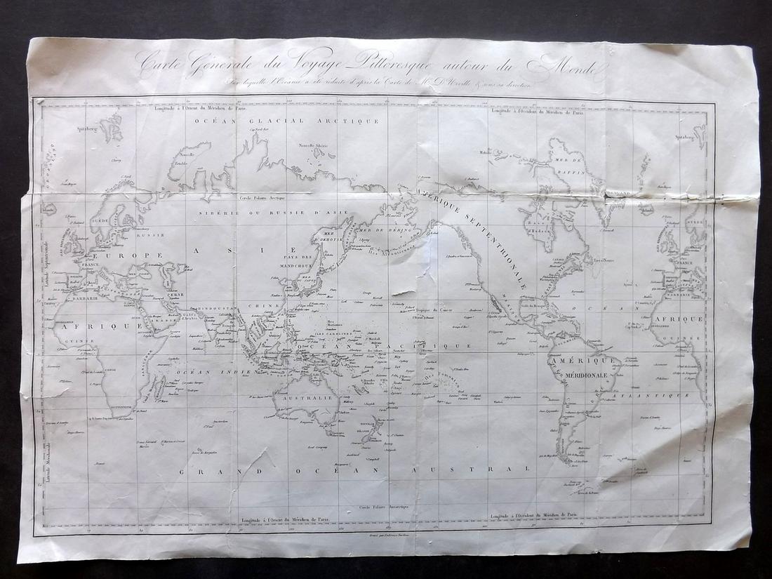 d'Urville, Dumont 1834 Map of the World: "Carte General du Voyage Pittoresque autour du Monde" Steel Engraved Map Published 1834 by Chez Furne et Ce, Paris for "Voyage pittoresque autour du Monde - Résumé général des voyages de découver