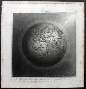 Rhind, William 1844 Rare Map of the Old World. Earth: Aquatint Map Published 1844, London "The Creation: Illustrated By Six Engravings On Steel" by William Graeme Rhind. Rare. Paper Size: 6.5 x 6 inch (16.5 x 16cm) Very minor margin toning, slightly affe