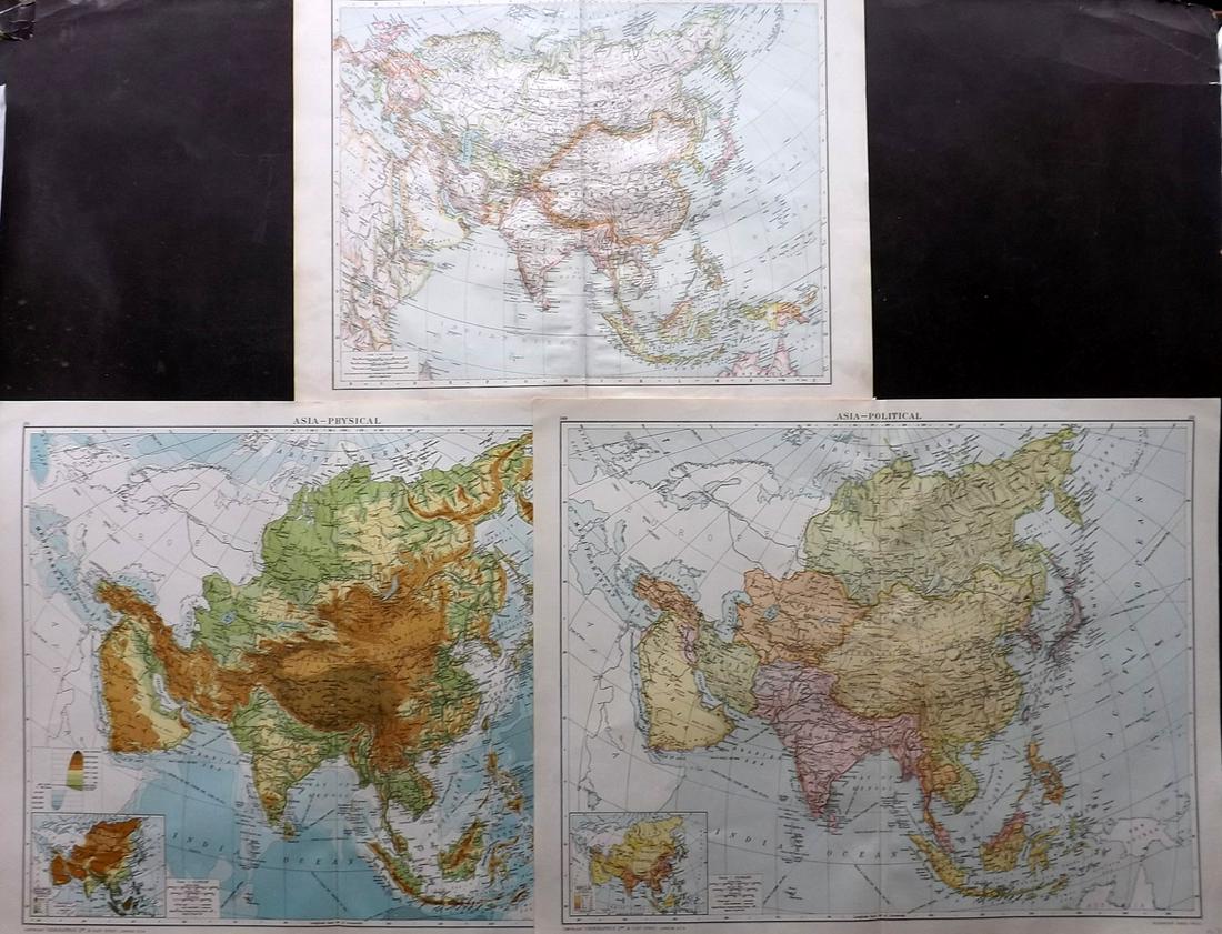 Asia 1895-1920 Lot of 3 Maps of the Continent: Large Lithograph Maps Published 1920, London for "The Daily Telegraph Victory Atlas of the World" by Alexander Gross. Centre fold as published. Also One other Published 1895, London for "The Times Atl