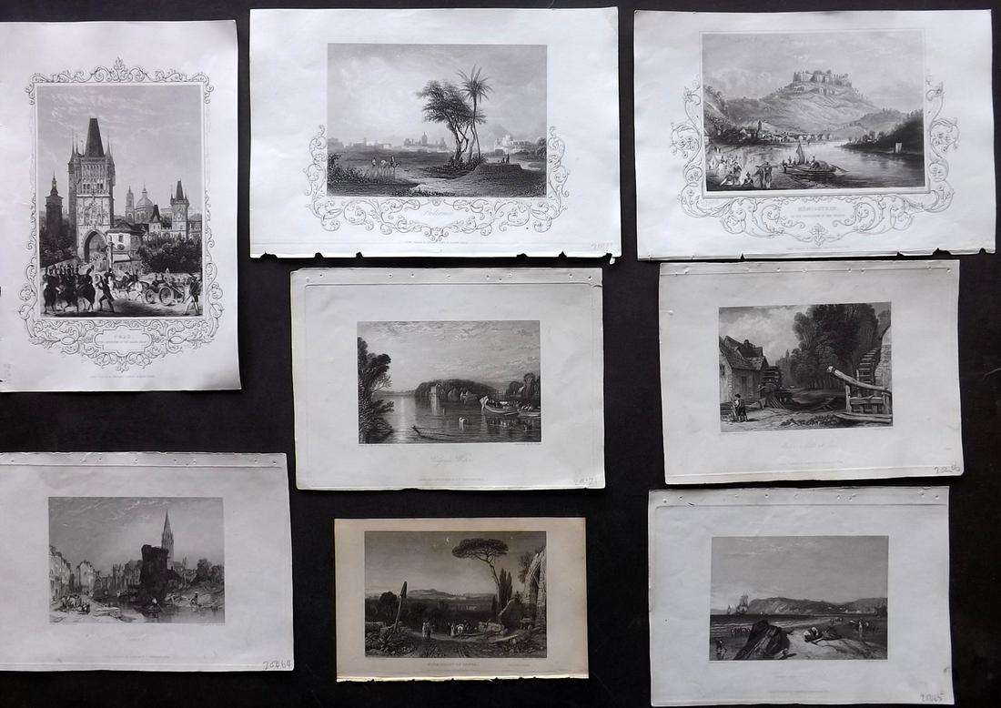 European Views 19th Cent. Lot of 8 Steel Engravings: Incl UK, France, Italy, Germany and Czech Republic. Examples by Tallis, Heath, and Roscoe/Harding. Paper Size: Up to 11 x 7.5 inch (28 x 19cm) Good Condition