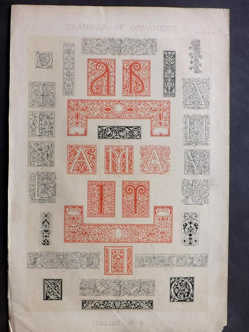 Jones, Owen 1856 LG Design Print. Italian No. 5: Large Folio Chromolithograph Published 1856 by Day & Son, London for "The Grammar of Ornament" by Owen Jones. First and best Edition of this work. Paper Size: 21.5 x 14 inch (55 x 36cm) A little margi