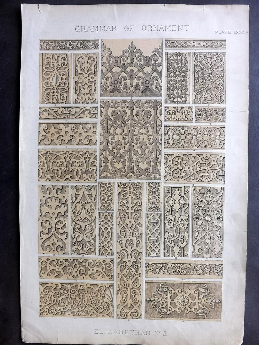 Jones, Owen 1856 LG Design Print. Renaissance No. 2: Large Folio Chromolithograph Published 1856 by Day & Son, London for "The Grammar of Ornament" by Owen Jones. First and best Edition of this work. Paper Size: 21.5 x 14 inch (55 x 36cm) Minor margin t