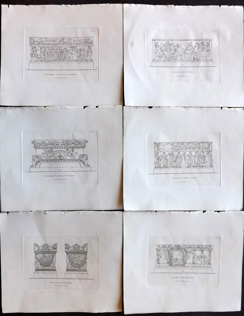 Moses, Henry 1840s Lot of 6 Prints. Sarcophagus: Etchings Published Originally Published 1814, London for "A Collection of Antique Vases..." by Henry Moses. This Edition Published by Henry G. Bohn, 1840's. Paper Size: 8.5 x 7 inch (22 x 18cm) Good C