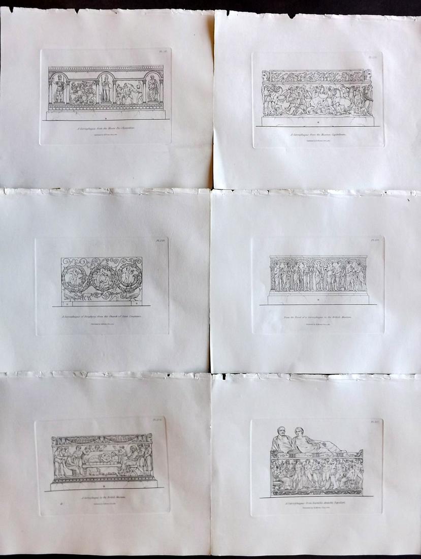 Moses, Henry 1840s Lot of 6 Prints. Sarcophagus: Etchings Published Originally Published 1814, London for "A Collection of Antique Vases..." by Henry Moses. This Edition Published by Henry G. Bohn, 1840's. Paper Size: 8.5 x 7 inch (22 x 18cm) Good C