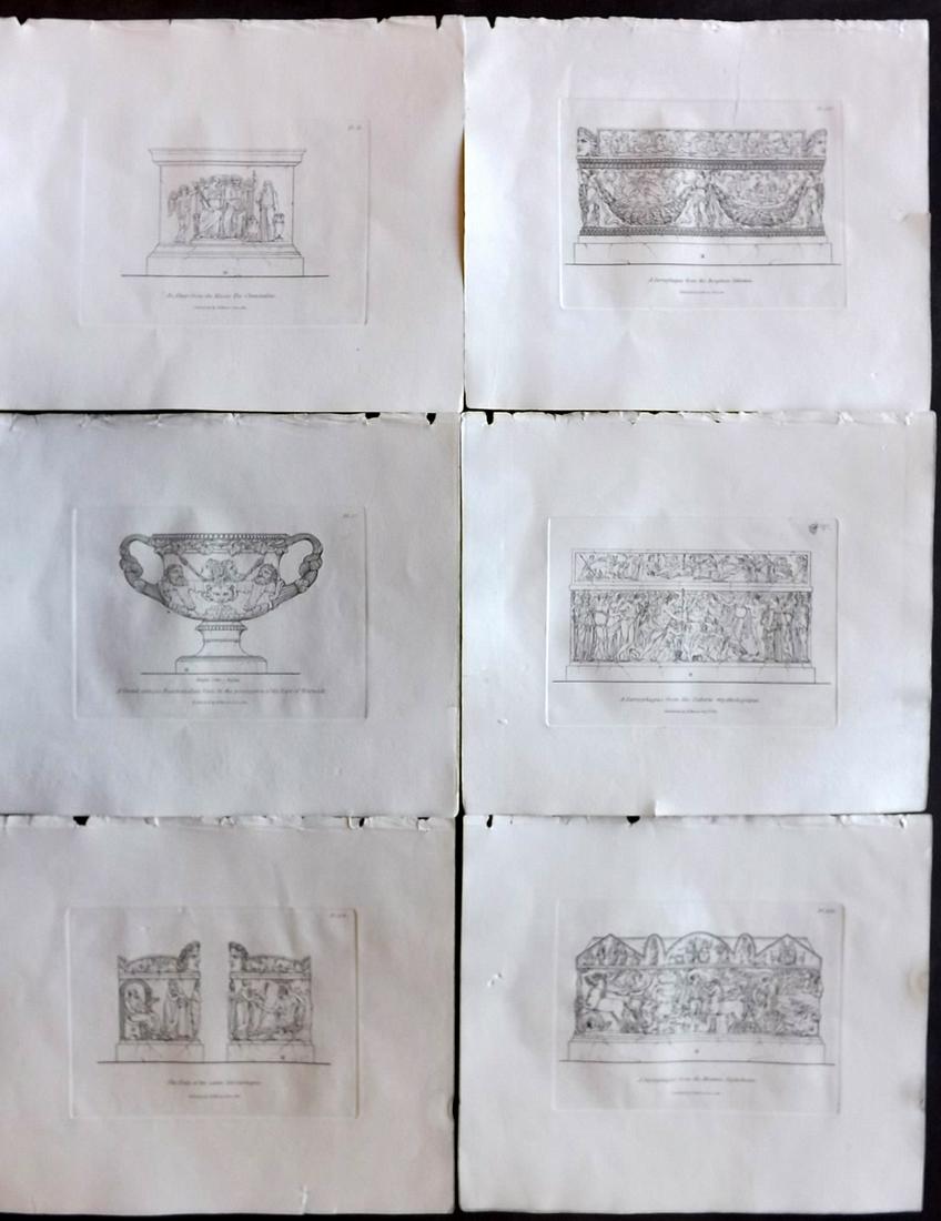 Moses, Henry 1840s Lot of 6 Prints. Sarcophagus, Altar: Etchings Published Originally Published 1814, London for "A Collection of Antique Vases..." by Henry Moses. This Edition Published by Henry G. Bohn, 1840's. Paper Size: 8.5 x 7 inch (22 x 18cm) Good C