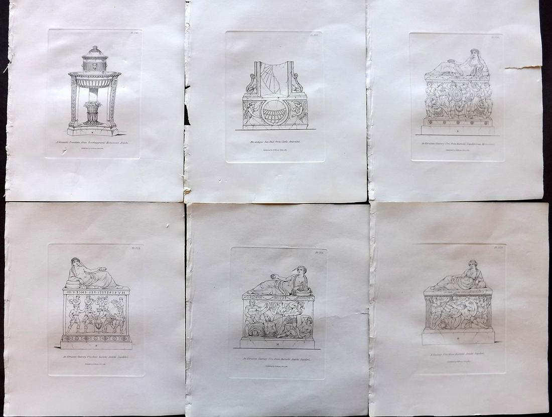 Moses, Henry 1840s Lot of 6 Prints. Urns, Fountain: Etchings Published Originally Published 1814, London for "A Collection of Antique Vases..." by Henry Moses. This Edition Published by Henry G. Bohn, 1840's. Paper Size: 8.5 x 7 inch (22 x 18cm) Good C