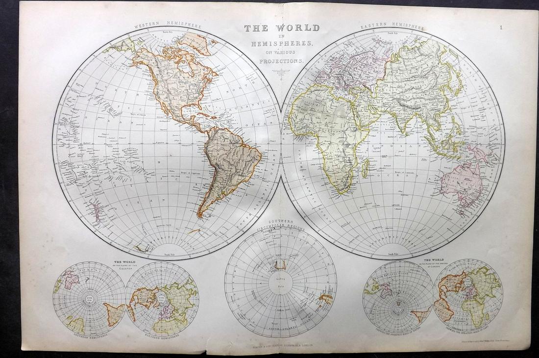 Blackie & Weller 1882 Map of The World Hemispheres (1 of 2)