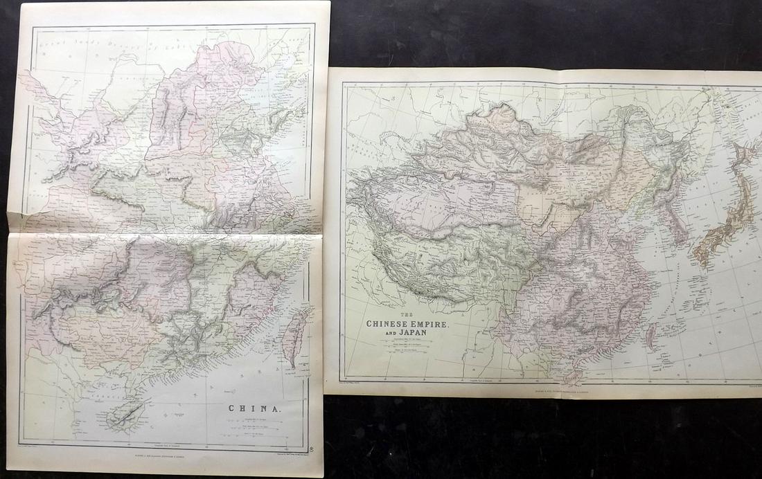 Blackie & Weller 1882 Pair of Maps of China: "China" and "The Chinese Empire and Japan" Lithograph Maps Published 1882 by Blackie & Son, London for "The Comprehensive Atlas & Geography of the World" by W. G. Blackie. Maps by Edward Weller. Centr