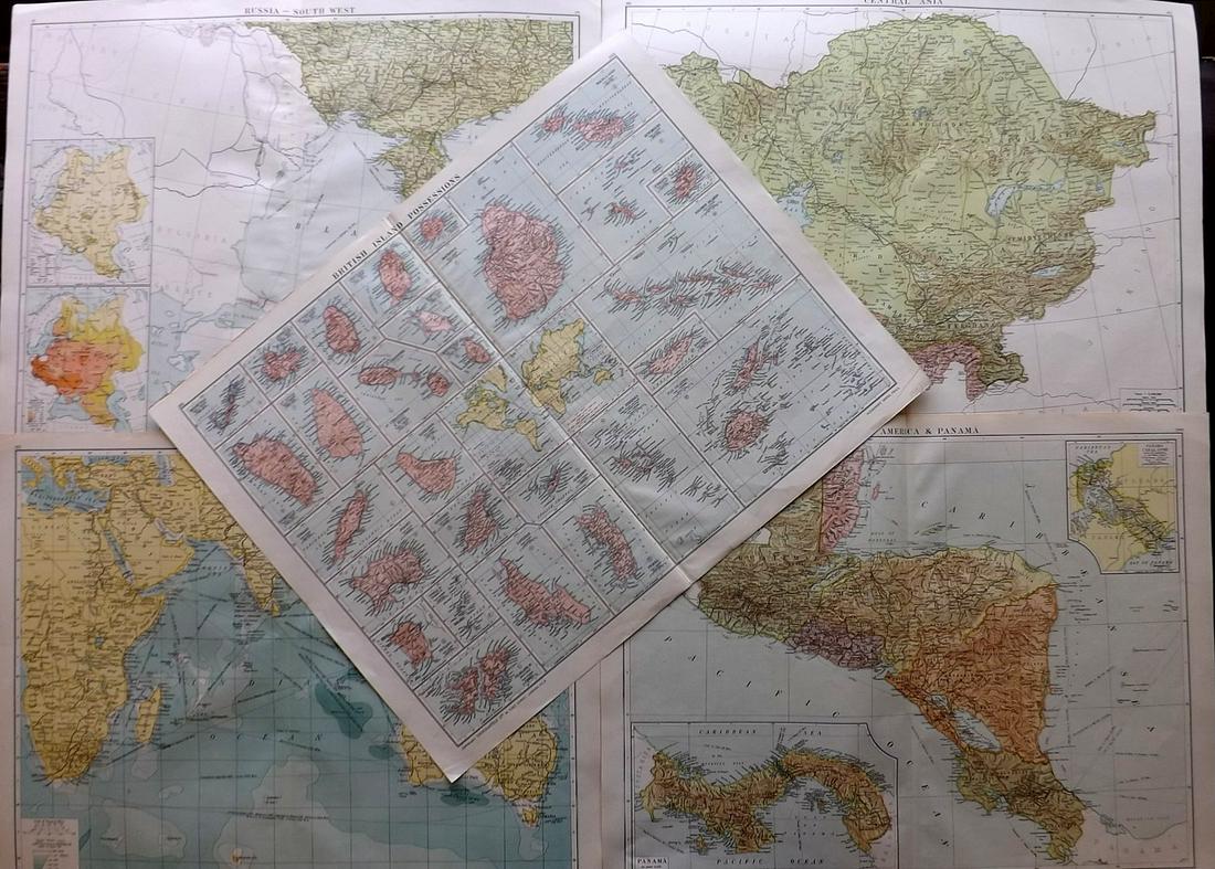 Gross, Alexander 1920 Mixed Lot of 5 Large Maps: Incl British Island Possessions, Centrel America & Panama, Indian Ocean, Central Asia, and Russia - South West. Large Lithograph Maps Published 1920, London for "The Daily Telegraph Victory Atlas of t
