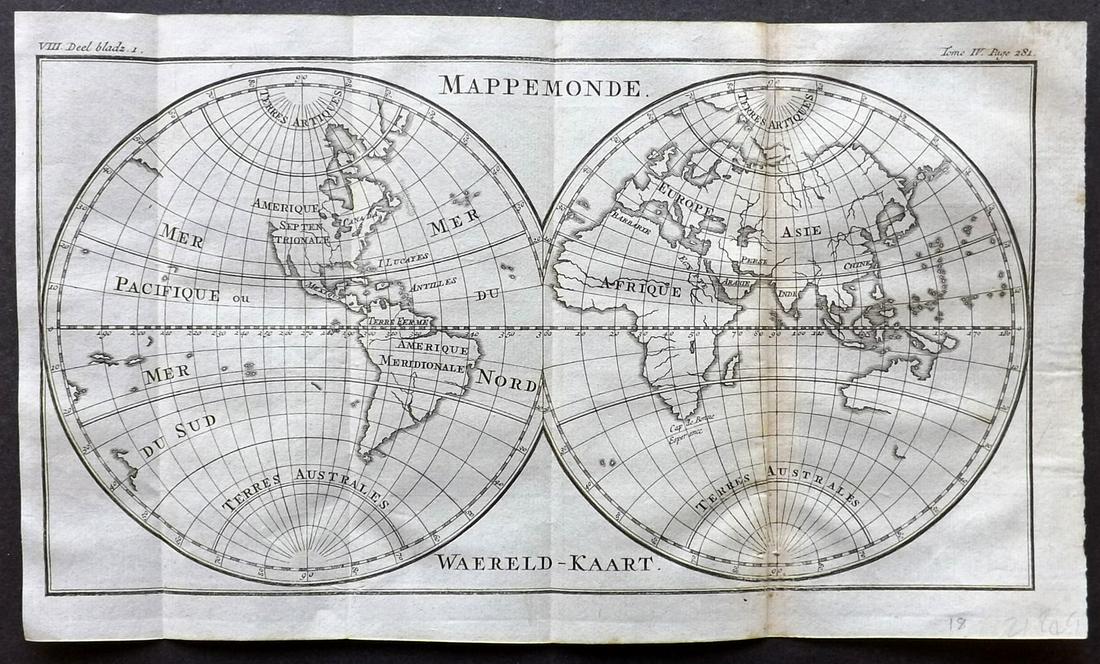 Pluche, Noel 1748 Map of The World Hemipsheres: "Mappemonde" Copper Engraved Map Published 1748, The Hague for "Le Spectacle de la nature" by Noel Antoine Pluche. Folds as issued. Paper Size: 11 x 6.5 inch (28 x 16.5cm) Very minor toning on right f