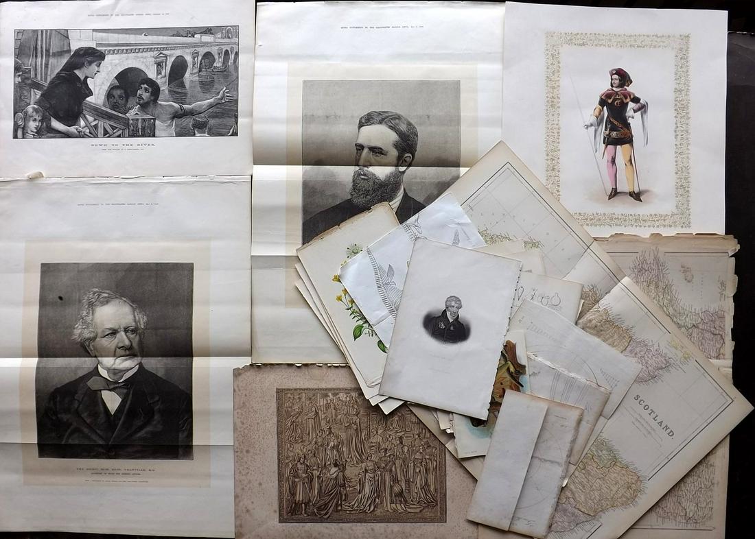 Mixed Prints 19th Cent. Lot of 25 Engravings & Lithos: Lot of approx 25 Engravings and Lithos. Incl Maps, Botanical, Bird Eggs, Natural History, Decorative, Costume, Astronomy, Classical and Genre. Paper Size; Up to 22 x 16 inch (56 x 40cm) Faults in part
