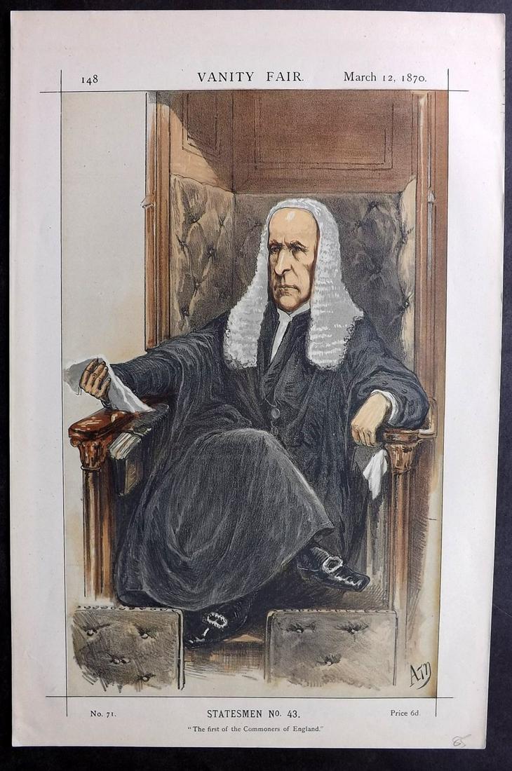 Vanity Fair Print 1870 Speaker Denison: Chromolithograph Published 1869-1914, London for "Vanity Fair" Paper Size: 15 x 11 inch (38 x 28cm) Good Condition
