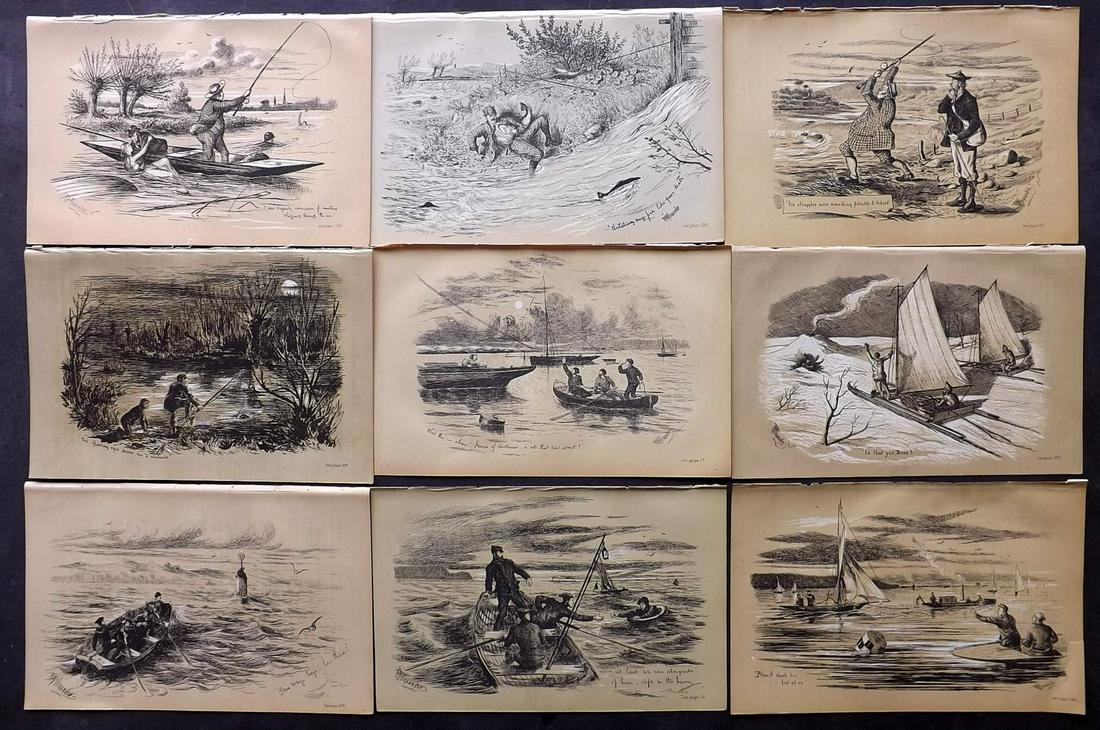 Fores C1890 Lot of 9 Prints. Fishing & Boating: Lithographs Published 1884-1912, London for "Fores's Sporting Notes & Sketches" Illustrated by Finch Mason, R. M. Alexander, Cuthbert Bradley and others. Paper Size: 8.5 x 5.5 inch (22 x 14cm) Good Co