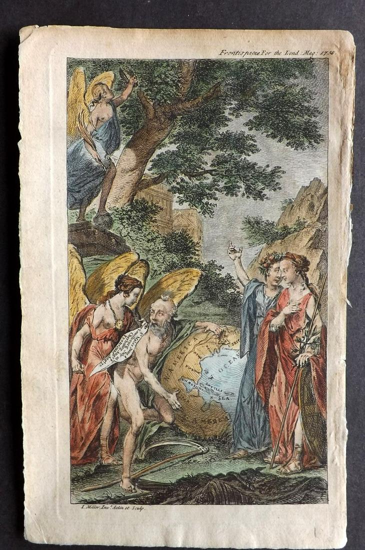 America 1758 Hand Col Map/Print. Globe E. Coast USA: Frontispiece to the London Magazine by John Miller. Showing a Geography Allegory with figures and a globe showing the East Coast of the American Continent and Caribbean. Naming Virginia, New England,