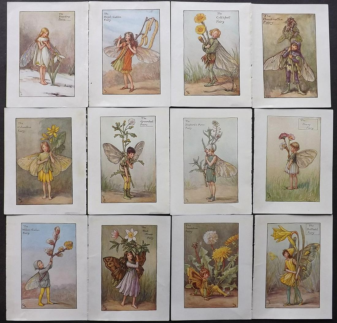 Barker, Cicely Mary C1940 Lot of 12 Flower-Fairy Prints: Lithographs Published C1935-45 by Blackie & Son, London & Glasgow for the "Flower-Faries" Series by Cicely Mary Barker. Reverse side blank. Paper Size: 5.5 x 4 inch (14 x 10cm) Good Condition