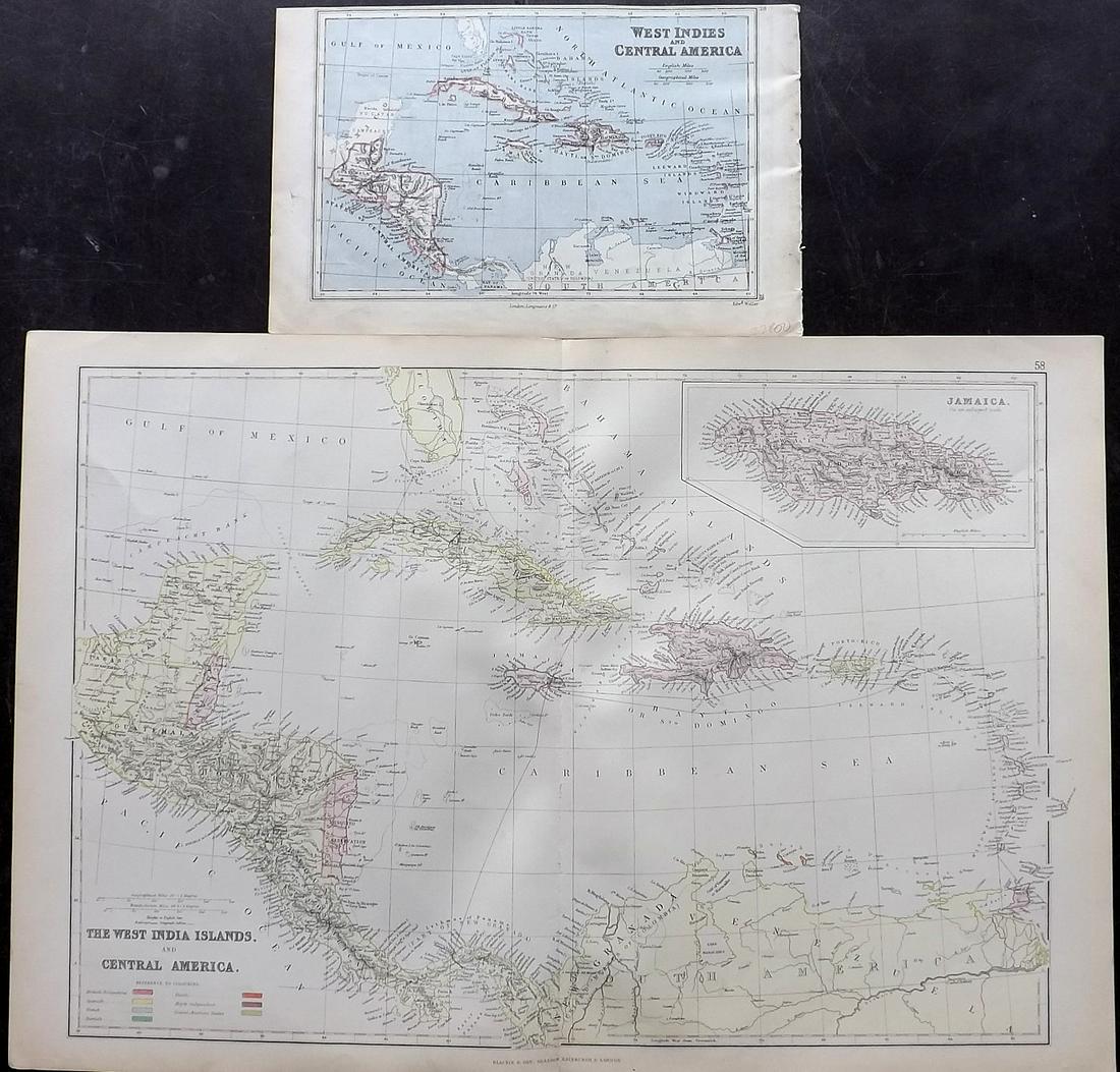West Indies/Caribbean 1874-82 Pair of Maps: Lithograph Maps Published 1882 by Blackie & Son, London for "The Comprehensive Atlas & Geography of the World" by W. G. Blackie. Maps by Edward Weller. Plus one other Published 1874, London for "The P