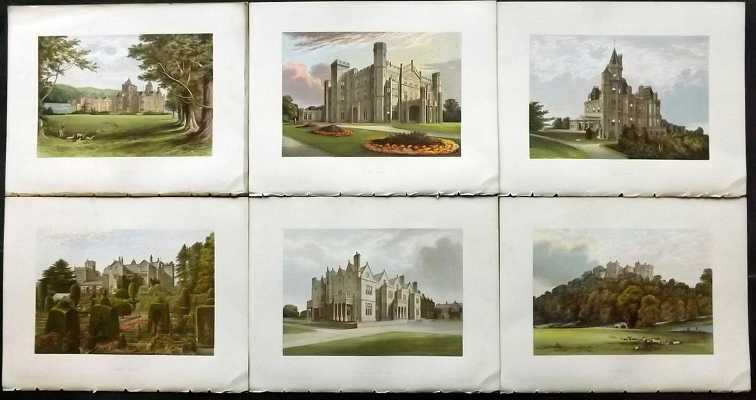 Morris Seats C1870 Lot of 6 Colour Woodblock Views: Color Printed Woodblock Published 1866-1880 by William Mckenzie, London for "Picturesque Views of Seats of Noblemen and Gentlemen of Great Britain and Ireland" by the Rev. F. O. Morris. Printed by Ben