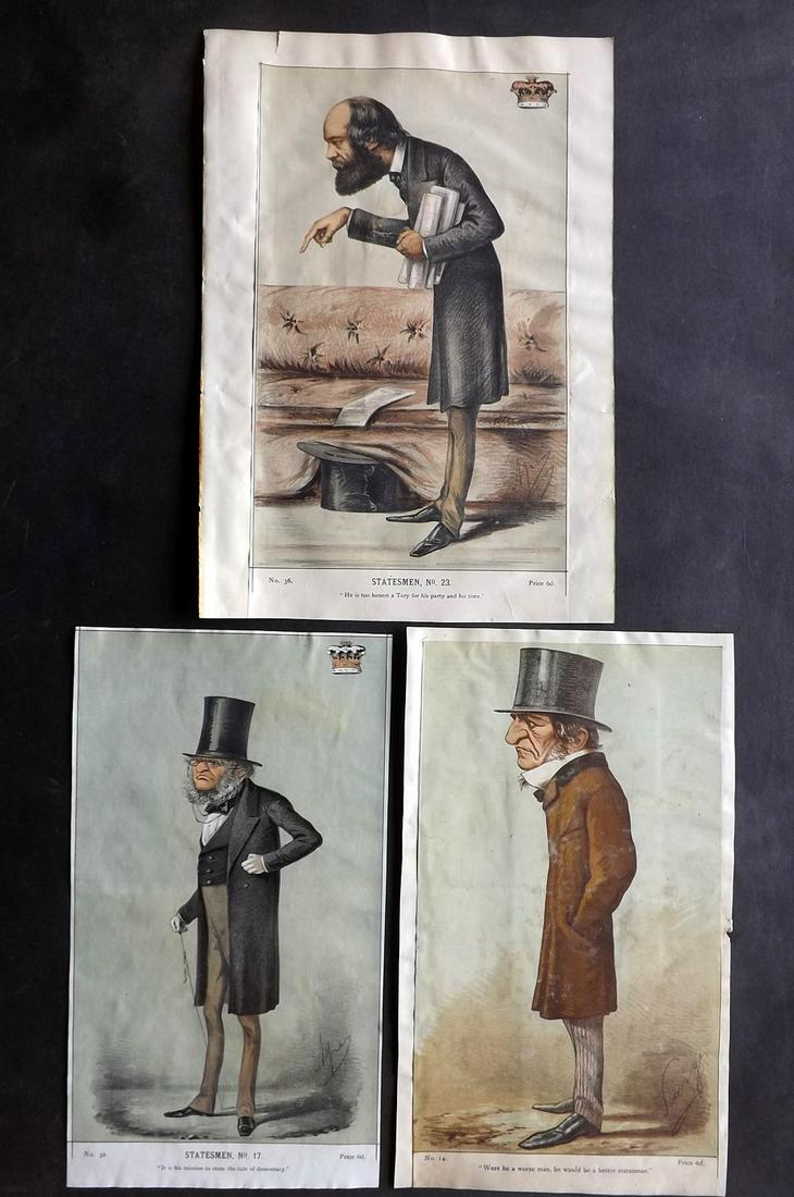 Vanity Fair Prints 1869 Prime Ministers. Gladstone (3): William Gladstone, Salisbury and Earl of Derby. Chromolithographs Published 1869-1914, London for "Vanity Fair" Paper Size: 13 x 8 inch (33 x 20cm) Margins trimmed. Incorrect Bio's pasted on verso cau