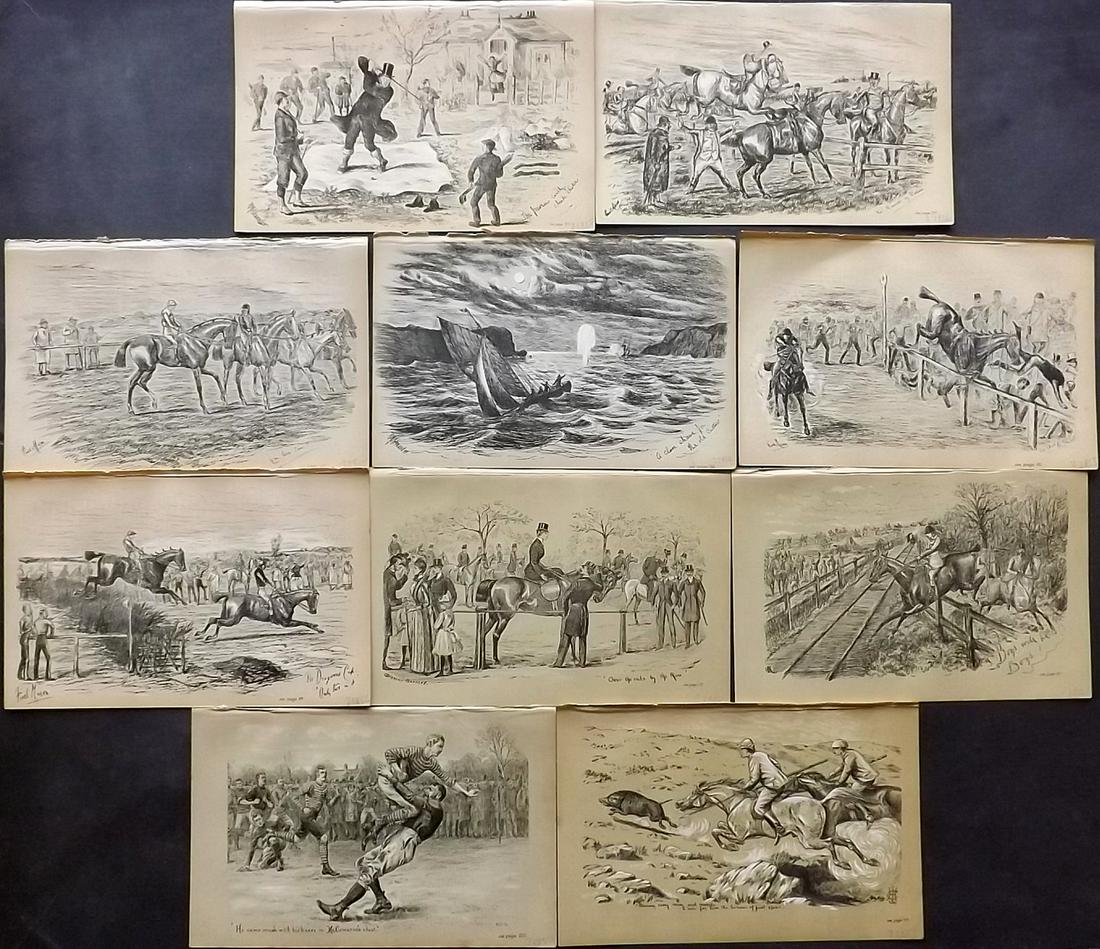 Fores C1890 Lot of 10 Sporting Prints: Lithographs Published 1884-1912, London for "Fores's Sporting Notes & Sketches" Illustrated by Finch Mason, R. M. Alexander, Cuthbert Bradley and others. Paper Size: 8.5 x 5.5 inch (22 x 14cm) Good Co
