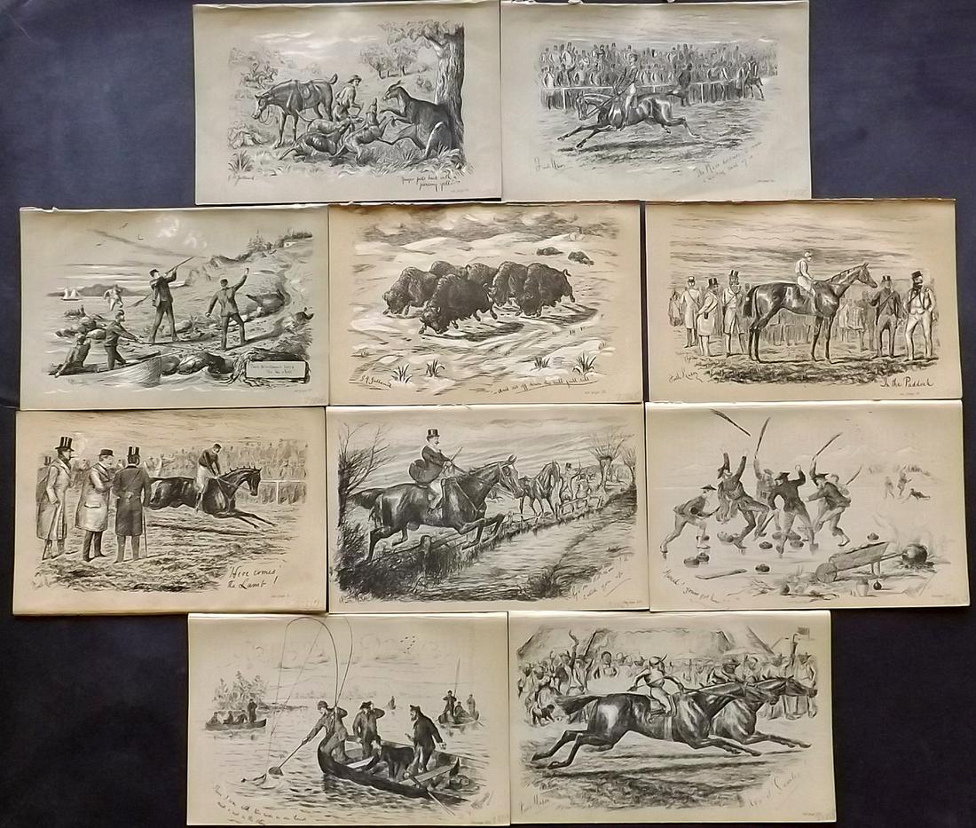 Fores C1890 Lot of 10 Sporting Prints: Lithographs Published 1884-1912, London for "Fores's Sporting Notes & Sketches" Illustrated by Finch Mason, R. M. Alexander, Cuthbert Bradley and others. Paper Size: 8.5 x 5.5 inch (22 x 14cm) Good Co