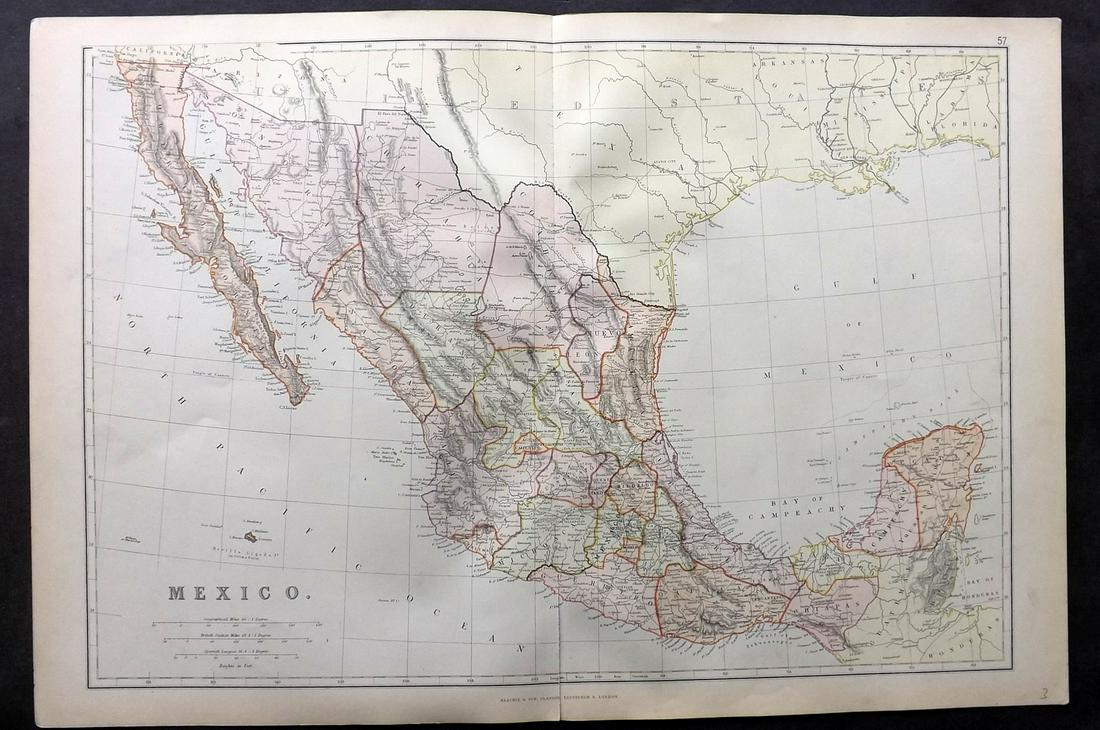 Blackie & Weller 1882 Map of Mexico: Lithograph Map Published 1882 by Blackie & Son, London for "The Comprehensive Atlas & Geography of the World" by W. G. Blackie. Maps by Edward Weller. Centre fold as issued. Paper Size: 21.5 x 15 inch