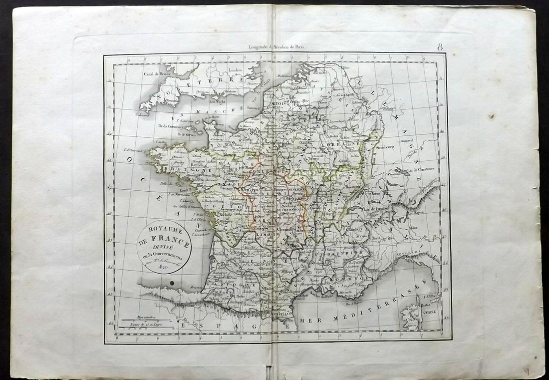 Delamarche, Felix 1829 Map of France: "Royaume de France divise en 32 Gouvernemens" Copper Engraved Map Published 1829, Paris for "Atlas de La Geographie..." by Felix Delamarche. Contemporary outline hand colour. Centre fold as published.