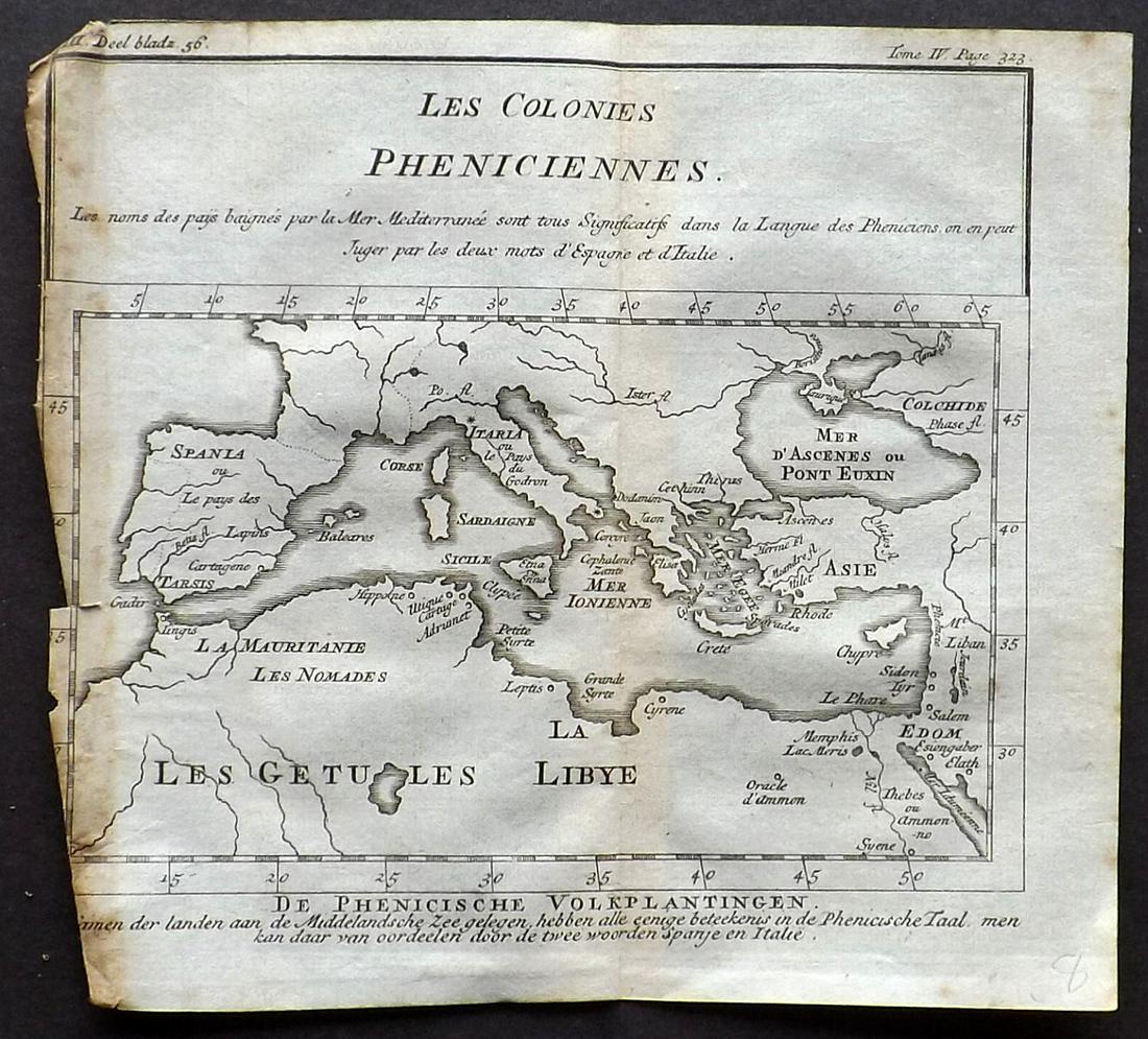 Pluche, Noel 1748 Map of Pheniciennes. Mediterranean: "Les Colonies Pheniciennes" Copper Engraved Map Published 1748, The Hague for "Le Spectacle de la nature" by Noel Antoine Pluche. Folds as issued. Paper Size: 7 x 6 inch (18 x 16cm) Toning along left 