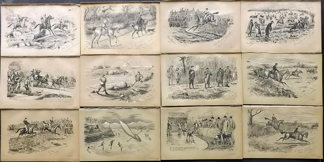 Fores C1890 Lot of 12 Sporting Prints: Lithographs Published 1884-1912, London for "Fores's Sporting Notes & Sketches" Illustrated by Finch Mason, R. M. Alexander, Cuthbert Bradley and others. Paper Size: 8.5 x 5.5 inch (22 x 14cm) Good Co