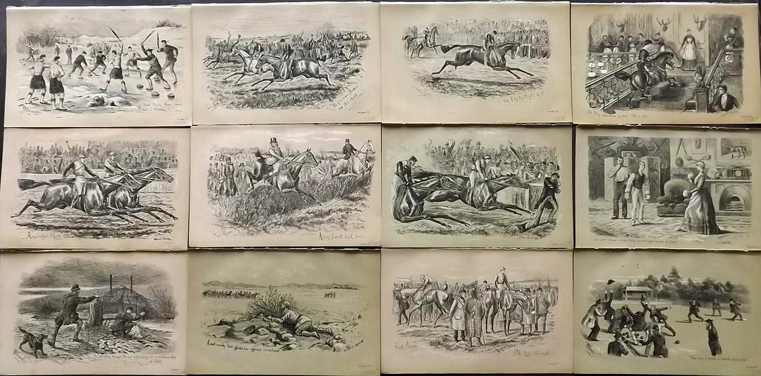 Fores C1890 Lot of 12 Sporting Prints: Lithographs Published 1884-1912, London for "Fores's Sporting Notes & Sketches" Illustrated by Finch Mason, R. M. Alexander, Cuthbert Bradley and others. Paper Size: 8.5 x 5.5 inch (22 x 14cm) Good Co