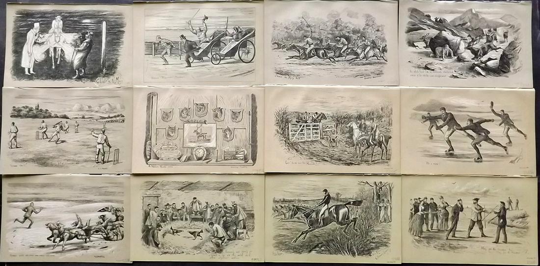 Fores C1890 Lot of 12 Sporting Prints: Lithographs Published 1884-1912, London for "Fores's Sporting Notes & Sketches" Illustrated by Finch Mason, R. M. Alexander, Cuthbert Bradley and others. Paper Size: 8.5 x 5.5 inch (22 x 14cm) Good Co