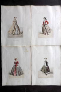 Gavarni & Portier 1856 HC Transvestite Costume (4): Hand Coloured Etchings Published 1856, Paris for "Douze Nouveaux Travestissements par Gavarni"by Paul Gavarni & Adolphe Portier. Interesting 19th century depiction of Men in women's costume. Paper Siz