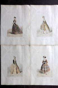 Gavarni & Portier 1856 HC Transvestite Costume (4): Hand Coloured Etchings Published 1856, Paris for "Douze Nouveaux Travestissements par Gavarni"by Paul Gavarni & Adolphe Portier. Interesting 19th century depiction of Men in women's costume. Paper Siz