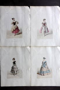 Gavarni & Portier 1856 HC Transvestite Costume (4): Hand Coloured Etchings Published 1856, Paris for "Douze Nouveaux Travestissements par Gavarni"by Paul Gavarni & Adolphe Portier. Interesting 19th century depiction of Men in women's costume. Paper Siz