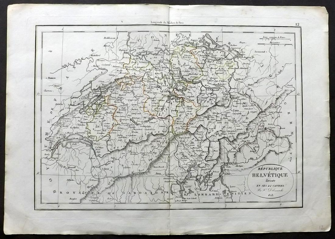 Delamarche, Felix 1829 Map of Switzerland: "Republique Helvetique divisee en ses 22 Cantons" Copper Engraved Map Published 1829, Paris for "Atlas de La Geographie..." by Felix Delamarche. Contemporary outline hand colour. Centre fold as publis