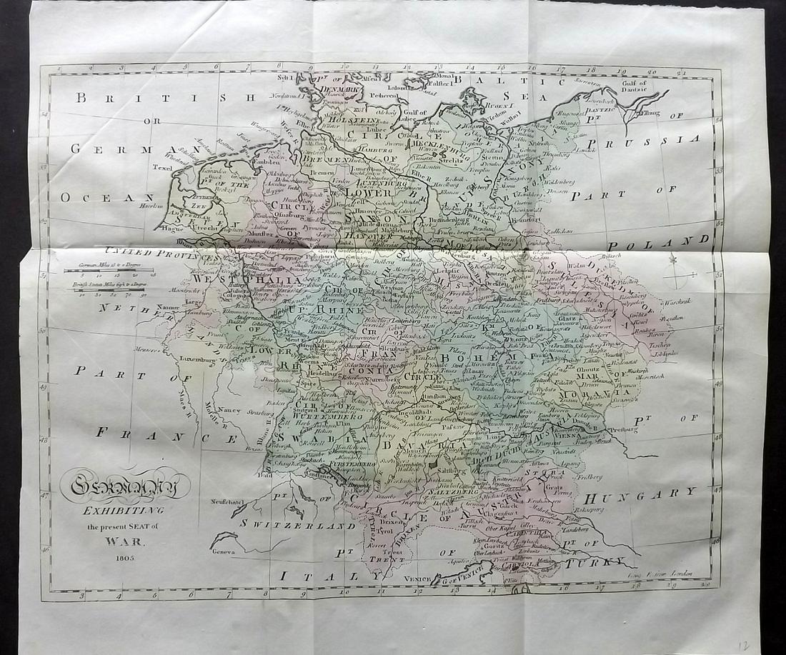Lyttleton, George 1810 Hand Col Map of Germany: "Germany Exhibiting the present seat of War 1805"Hand Coloured Copper Engraved Map Published 1810, London for "The History of England..." by George Courtney Lyttleton. Folds as issued. Paper Size: 17.