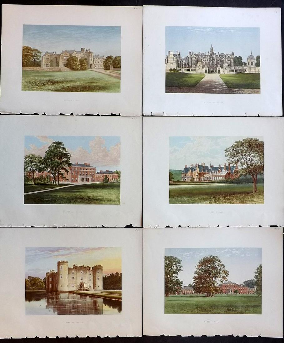 Morris Seats C1870 Lot of 6 Colour Woodblock Views: Color Printed Woodblock Published 1866-1880 by William Mckenzie, London for "Picturesque Views of Seats of Noblemen and Gentlemen of Great Britain and Ireland" by the Rev. F. O. Morris. Printed by Ben