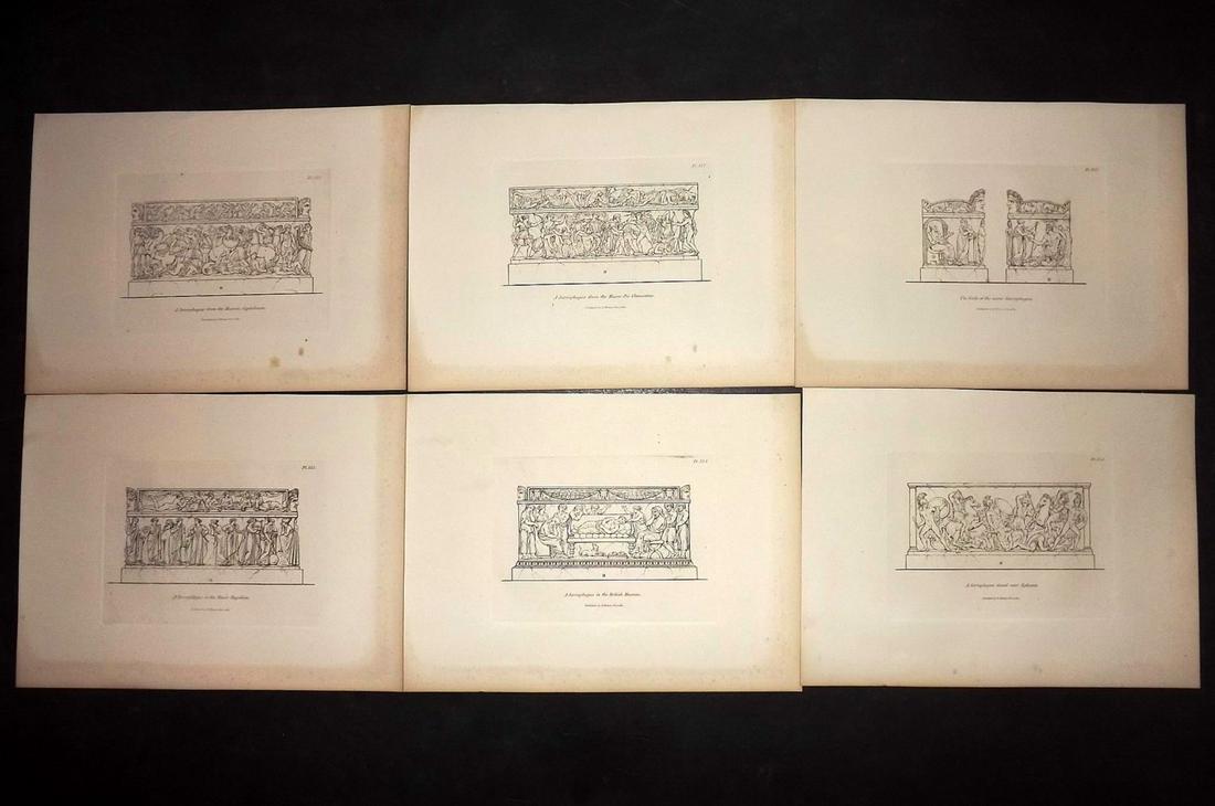 Moses, Henry 1840s Lot of 6 Prints. Sarcophagus: Etchings Published Originally Published 1814, London for "A Collection of Antique Vases..." by Henry Moses. This Edition Published by Henry G. Bohn, 1840's. Paper Size: 8.5 x 7 inch (22 x 18cm) Good C