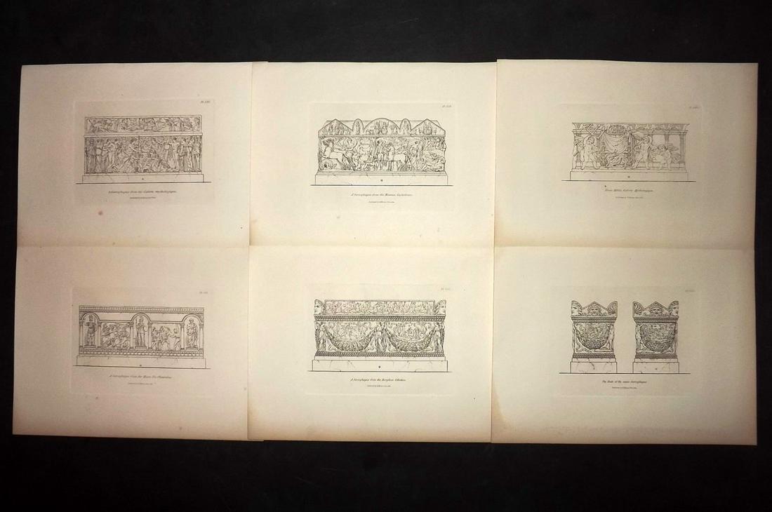 Moses, Henry 1840s Lot of 6 Prints. Sarcophagus: Etchings Published Originally Published 1814, London for "A Collection of Antique Vases..." by Henry Moses. This Edition Published by Henry G. Bohn, 1840's. Paper Size: 8.5 x 7 inch (22 x 18cm) Good C