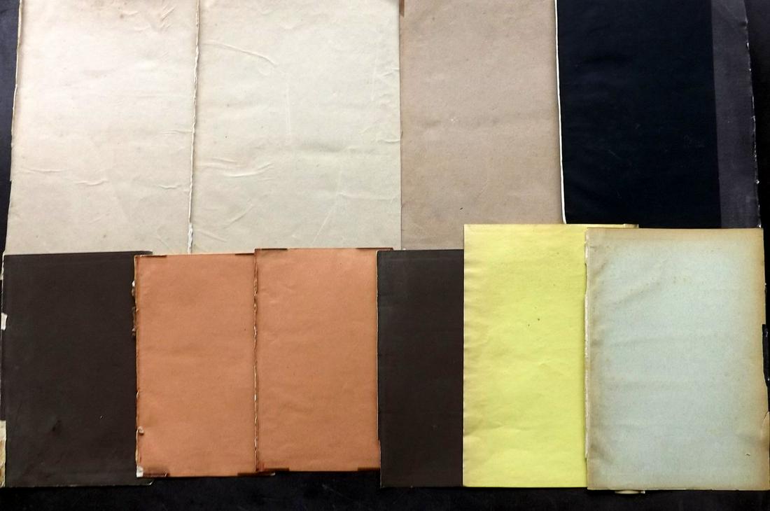 Old Paper, Bookbinding 19th Cent Lot of 20 Color Sheets: Lot of approx 20 Sheets of Stock and Wove Paper, all coloured. Colours include Yellows, Browns, Blacks, etc. Ideal for Book End Papers or Artwork Projects. Sizes 8vo and 4to. Paper Size: Up to 12 x 8.