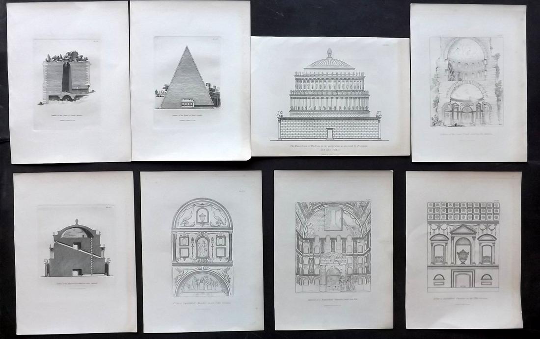 Moses, Henry 1840s Lot of 8 Italian Architecture Prints: Etchings Published Originally Published 1814, London for "A Collection of Antique Vases..." by Henry Moses. This Edition Published by Henry G. Bohn, 1840's. Paper Size: 8.5 x 7 inch (22 x 18cm) Minor 