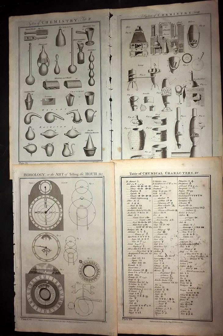 Howard, George 1796 Lot of 6 Folio Science Prints: Chemistry, Chymical, Horology, Conic Sections, Compasses. Folio Copper Plates Published 1796, London for "The New Royal Encyclopaedia Londinensis" by George Selby Howard. Paper Size: 16.5 x 10 inch (4
