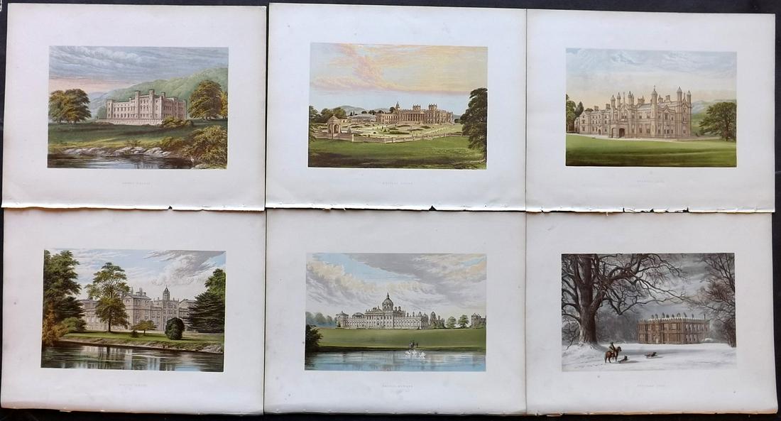 Morris Seats C1870 Lot of 6 Colour Woodblock Views: Color Printed Woodblock Published 1866-1880 by William Mckenzie, London for "Picturesque Views of Seats of Noblemen and Gentlemen of Great Britain and Ireland" by the Rev. F. O. Morris. Printed by Ben