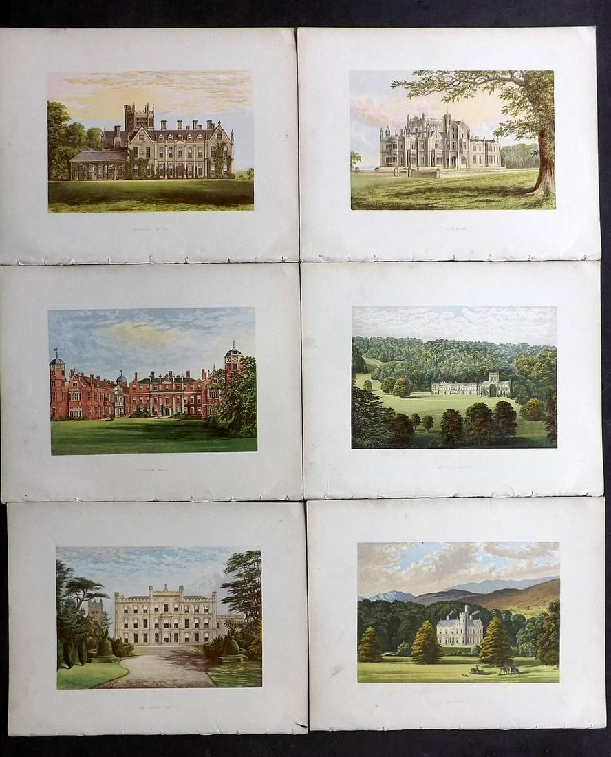 Morris Seats C1870 Lot of 6 Colour Woodblock Views: Color Printed Woodblock Published 1866-1880 by William Mckenzie, London for "Picturesque Views of Seats of Noblemen and Gentlemen of Great Britain and Ireland" by the Rev. F. O. Morris. Printed by Ben
