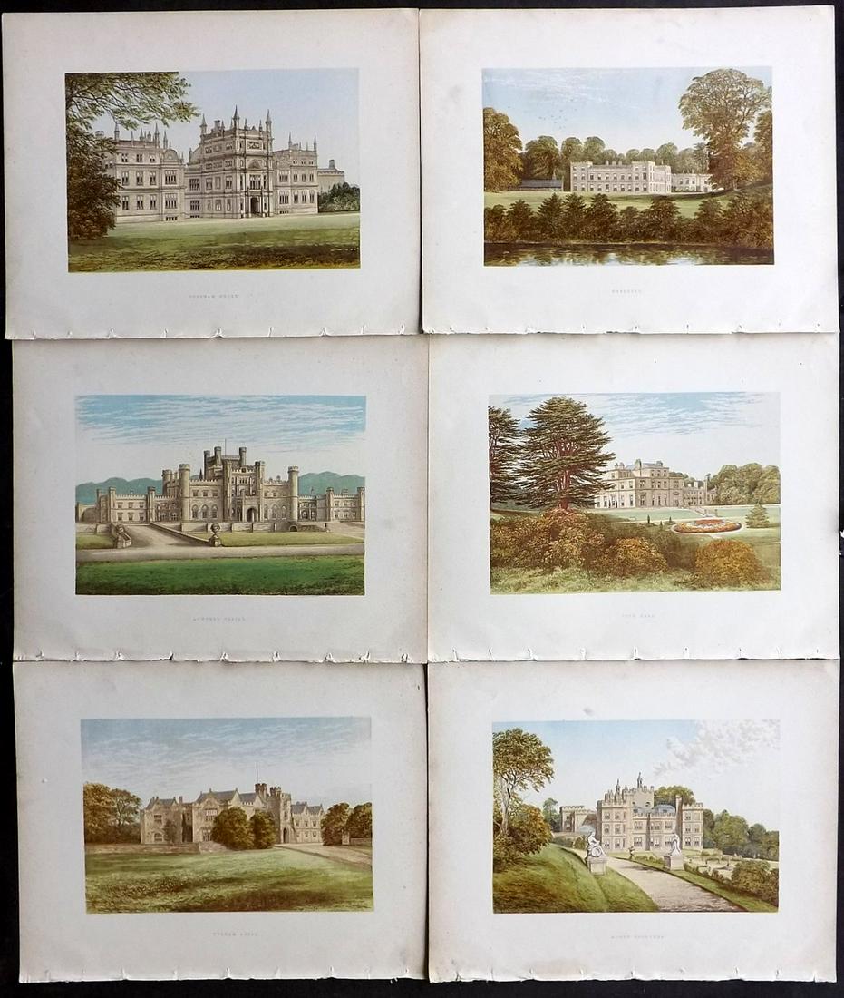 Morris Seats C1870 Lot of 6 Colour Woodblock Views: Color Printed Woodblock Published 1866-1880 by William Mckenzie, London for "Picturesque Views of Seats of Noblemen and Gentlemen of Great Britain and Ireland" by the Rev. F. O. Morris. Printed by Ben