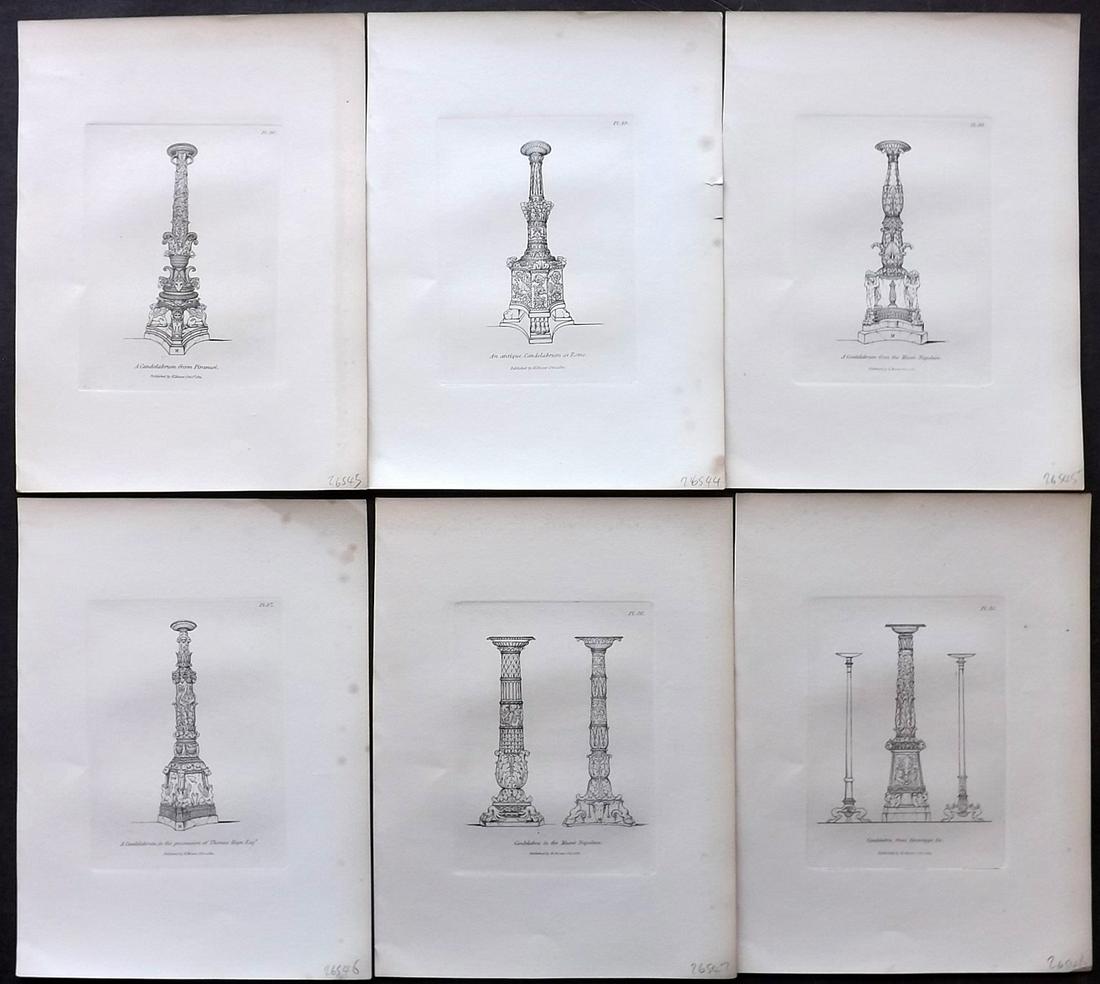 Moses, Henry 1840s Lot of 6 Prints. Candelabrums: Etchings Published Originally Published 1814, London for "A Collection of Antique Vases..." by Henry Moses. This Edition Published by Henry G. Bohn, 1840's. Paper Size: 8.5 x 7 inch (22 x 18cm) Good C