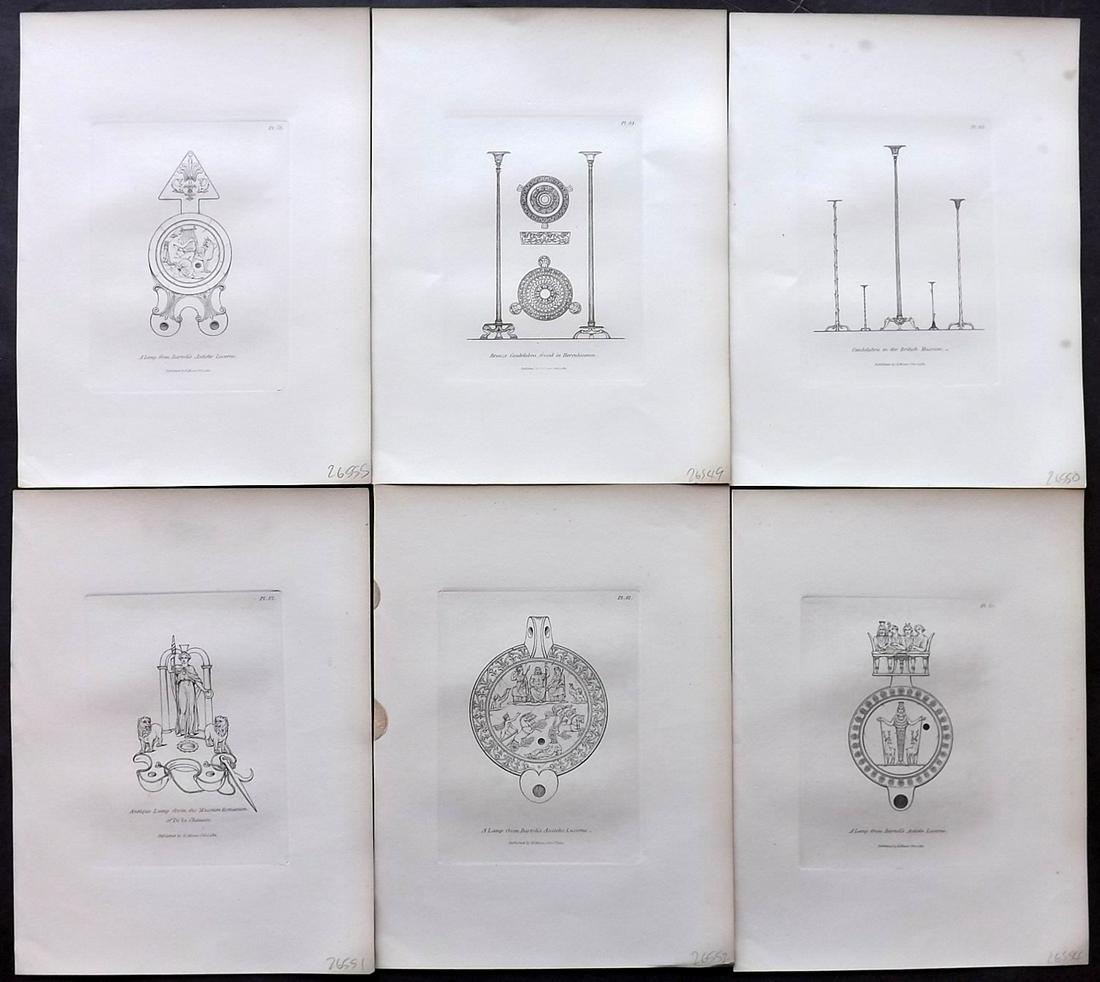 Moses, Henry 1840s Lot of 6 Prints. Ancient Lamps etc: Etchings Published Originally Published 1814, London for "A Collection of Antique Vases..." by Henry Moses. This Edition Published by Henry G. Bohn, 1840's. Paper Size: 8.5 x 7 inch (22 x 18cm) Good C