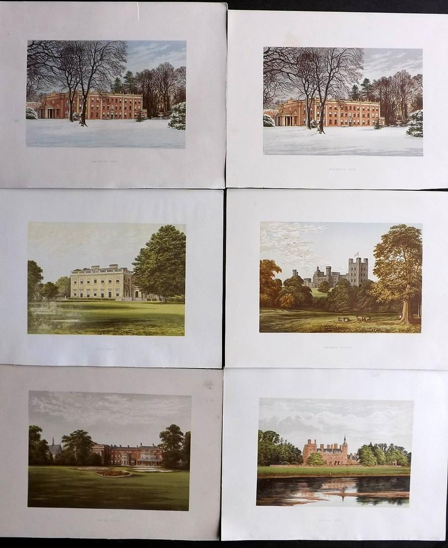 Morris Seats C1870 Lot of 6 Colour Woodblock Views: Color Printed Woodblock Published 1866-1880 by William Mckenzie, London for "Picturesque Views of Seats of Noblemen and Gentlemen of Great Britain and Ireland" by the Rev. F. O. Morris. Printed by Ben