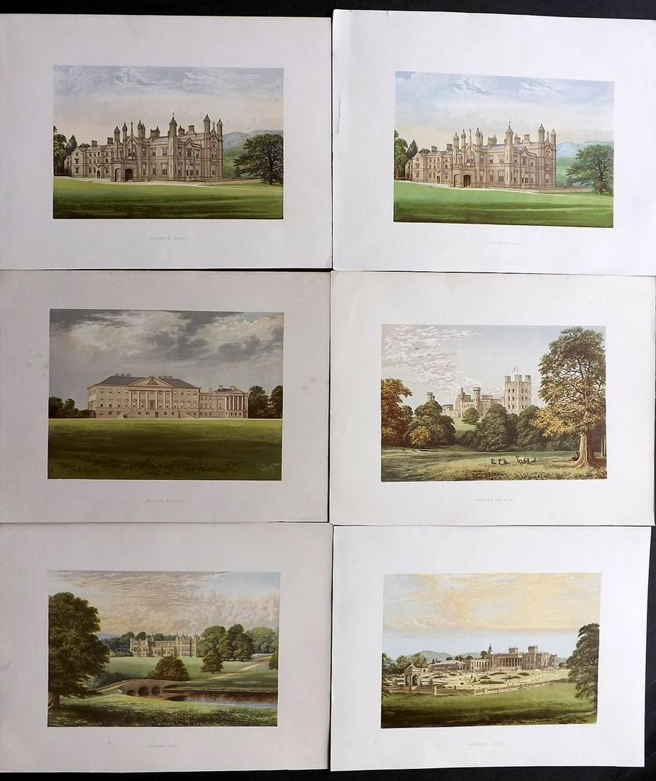 Morris Seats C1870 Lot of 6 Colour Woodblock Views: Color Printed Woodblock Published 1866-1880 by William Mckenzie, London for "Picturesque Views of Seats of Noblemen and Gentlemen of Great Britain and Ireland" by the Rev. F. O. Morris. Printed by Ben