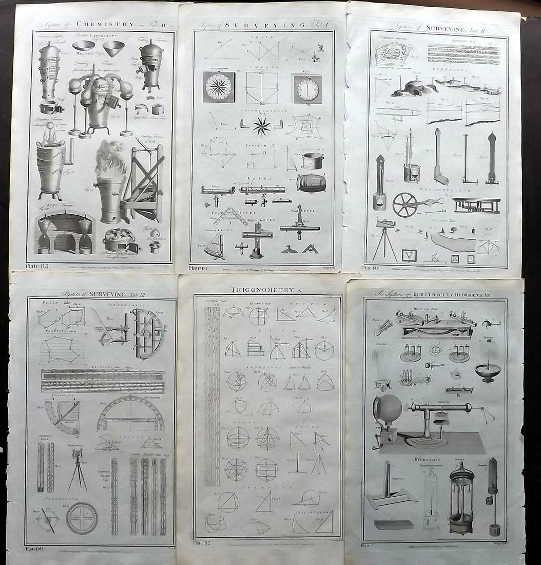 Howard, George 1796 Lot of 6 Folio Prints. Science/Tech: Chemistry, Surveying, Trigonometry, Electricity. Folio Copper Plates Published 1796, London for "The New Royal Encyclopaedia Londinensis" by George Selby Howard. Paper Size: 16.5 x 10 inch (42 x 26cm)