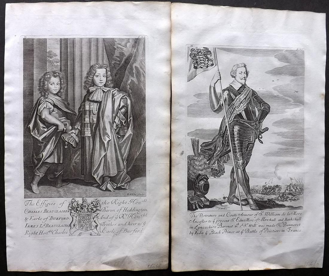 Guillim, John 1724 Pair of Folio Decorative Portraits: Incl William de la More and Charles & James Beauclaire. Copper Plates Published 1724, London for "A Display of Heraldry" by John Guillim. Paper Size: 15.5 x 9.5 inch (39 x 24cm) Good Condition